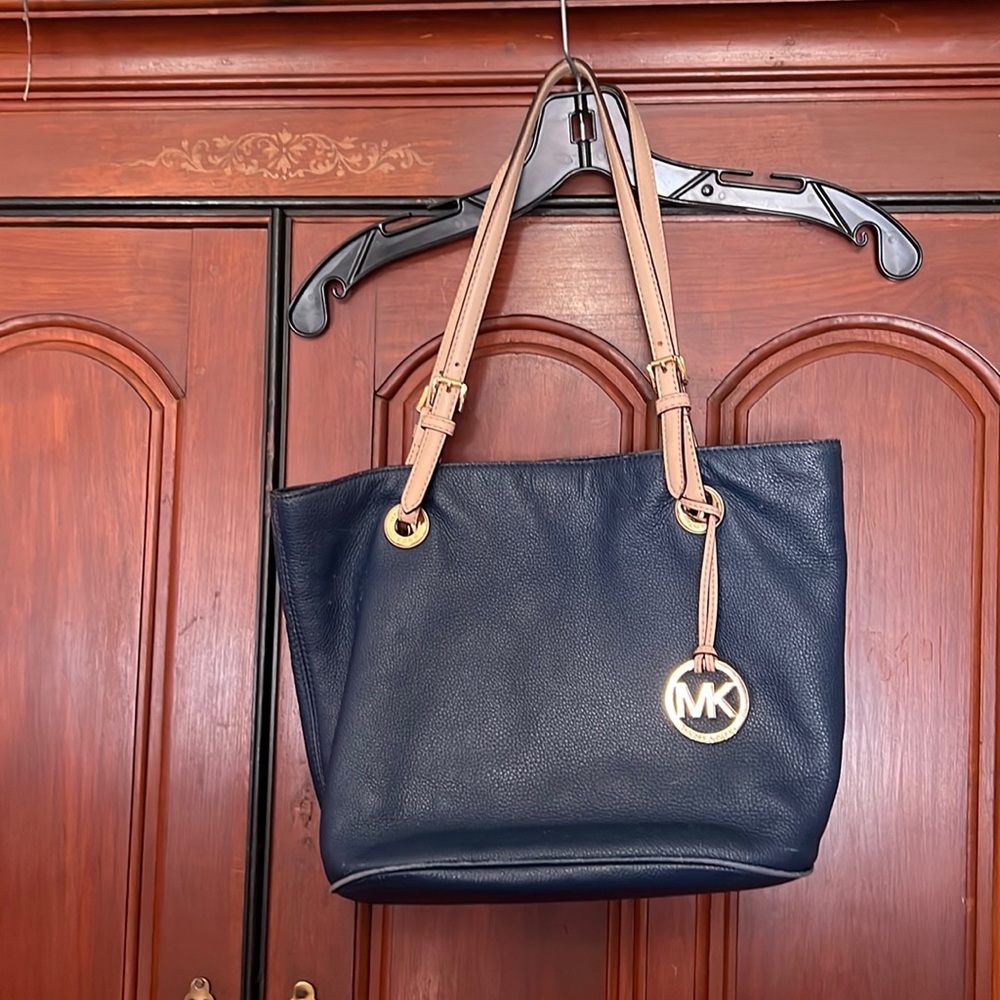 Michael Kors Blue & Tan Jet Set Travel Tote With Emblem